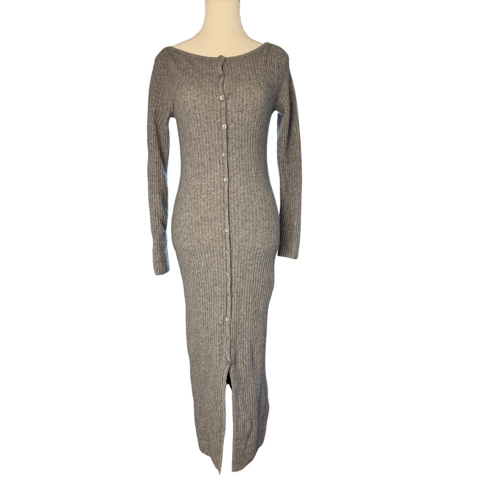 Abercrombie & Fitch Grey Merino Wool Blend Ribbed Button Front Maxi Dress SP